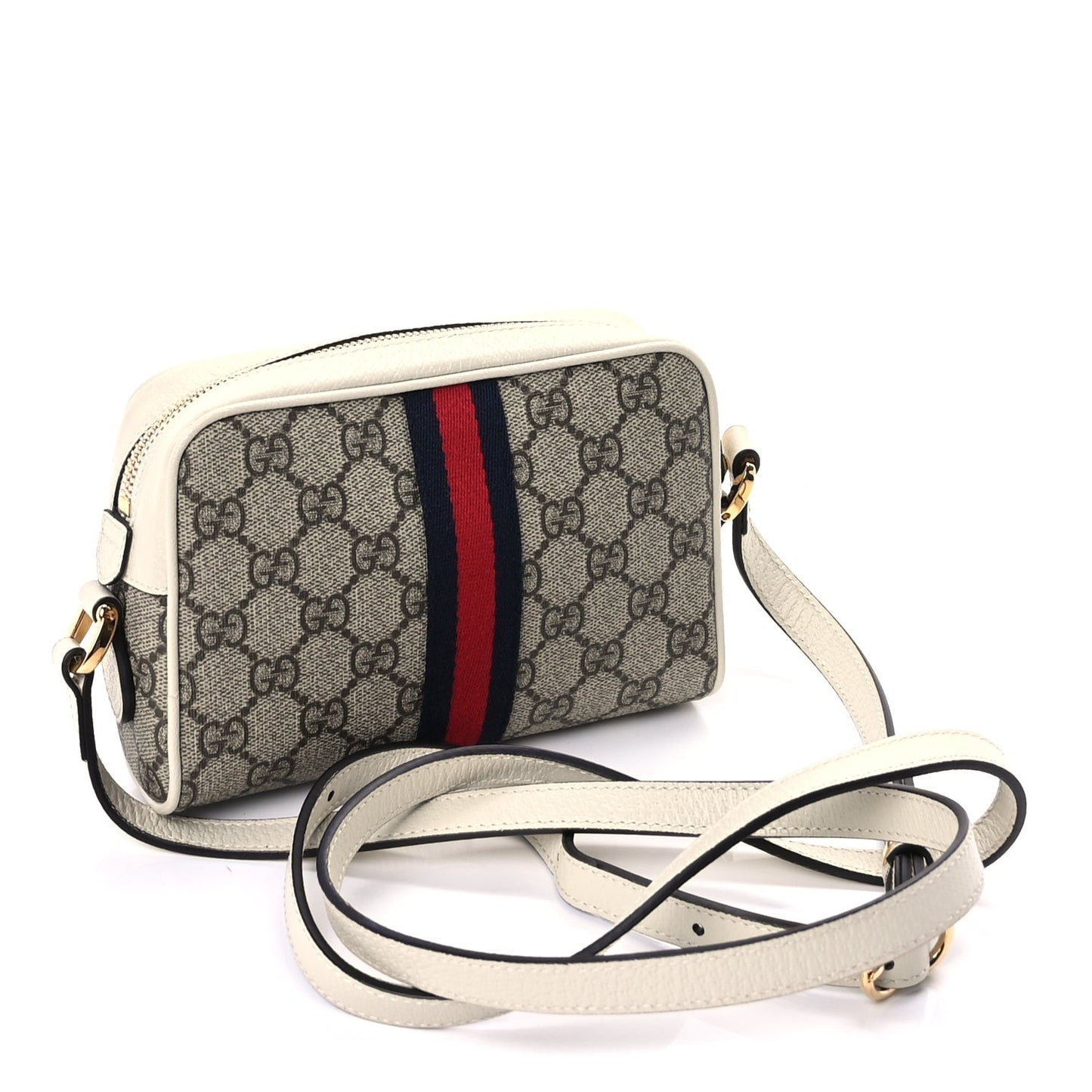 GG Supreme Monogram Textured Calfskin Web Mini Ophidia Shoulder Bag Beige Ebony Mystic White