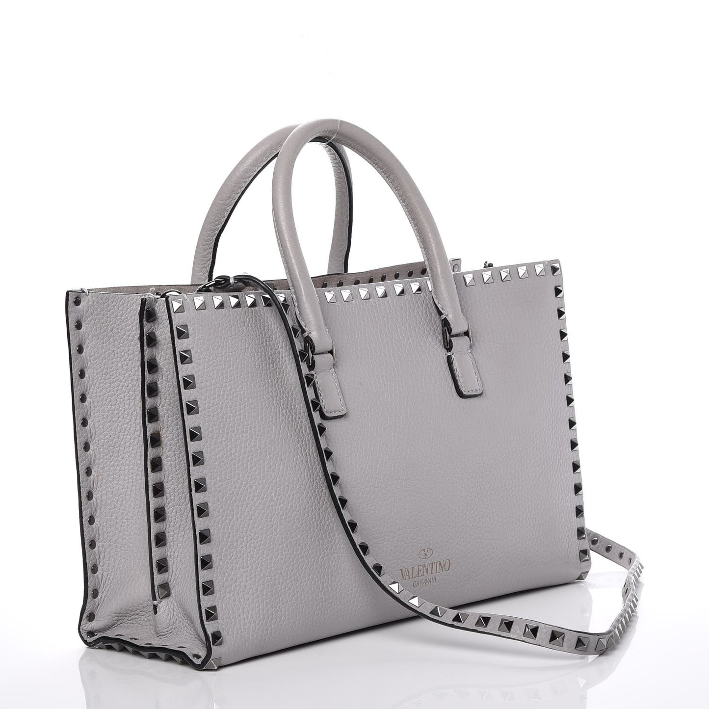 Grained Calfskin Medium Rockstud Double Handle Horizontal Tote Pastel Grey