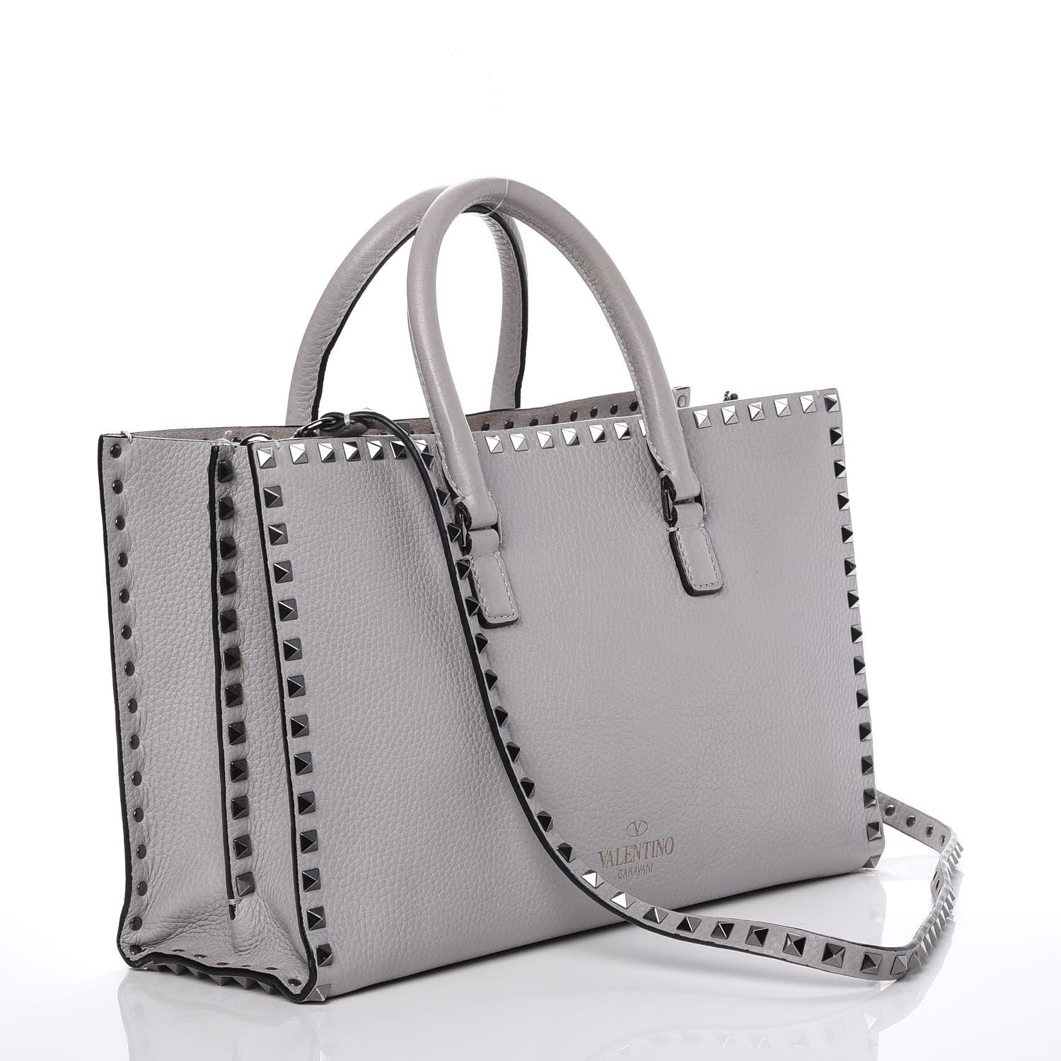 Valentino Garavani Grained Calfskin Medium Rockstud Double Handle Horizontal Tote Pastel Grey 4 of 9