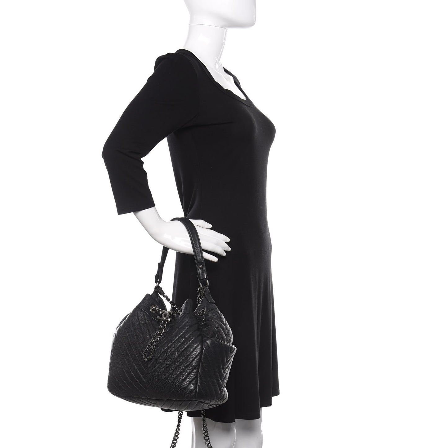 Deerskin Chevron Medium CC Chain Bucket Drawstring Bag Black