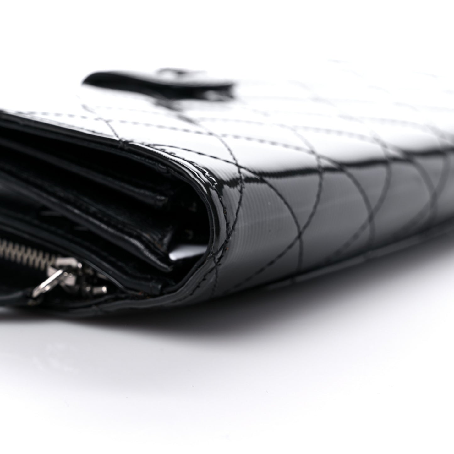 Striated Patent Quilted Zipped Pocket Long Wallet Black