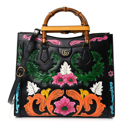 Gucci Calfskin Floral Embossed Diana Tote Bag Black Multicolor 1 of 9