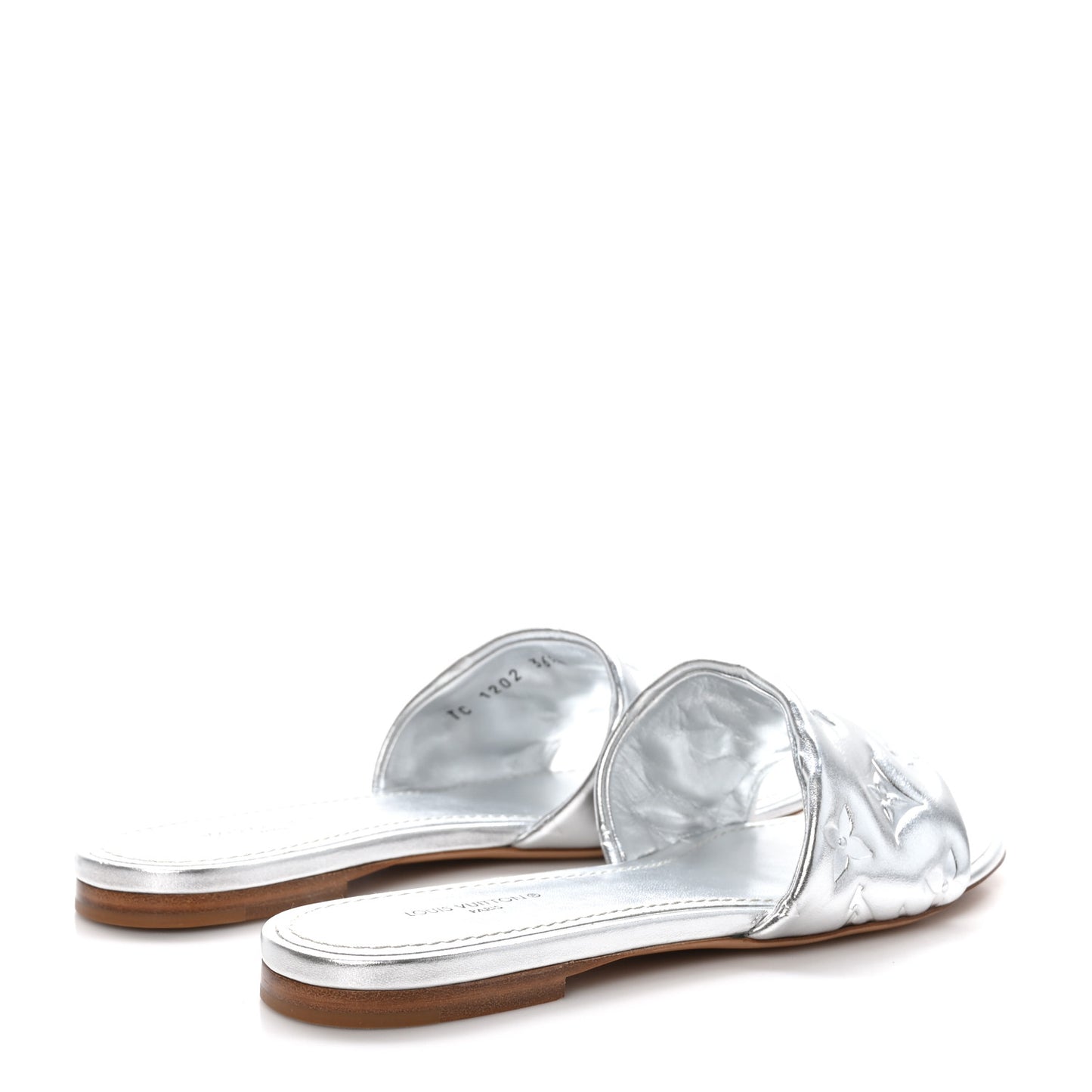 Metallic Lambskin Embossed Monogram Revival Flat Mules 36 Silver