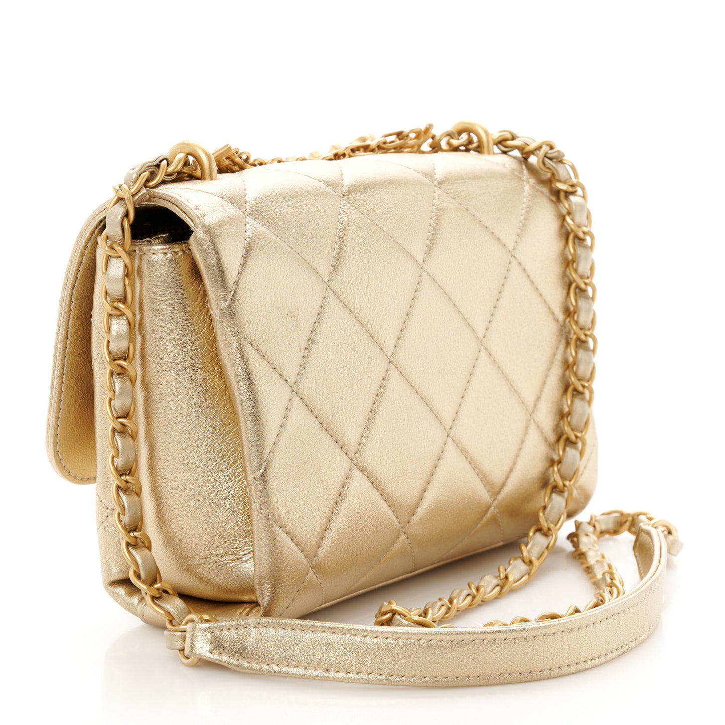 Metallic Lambskin Quilted Mini CC Crystal Logo Chain Flap Gold
