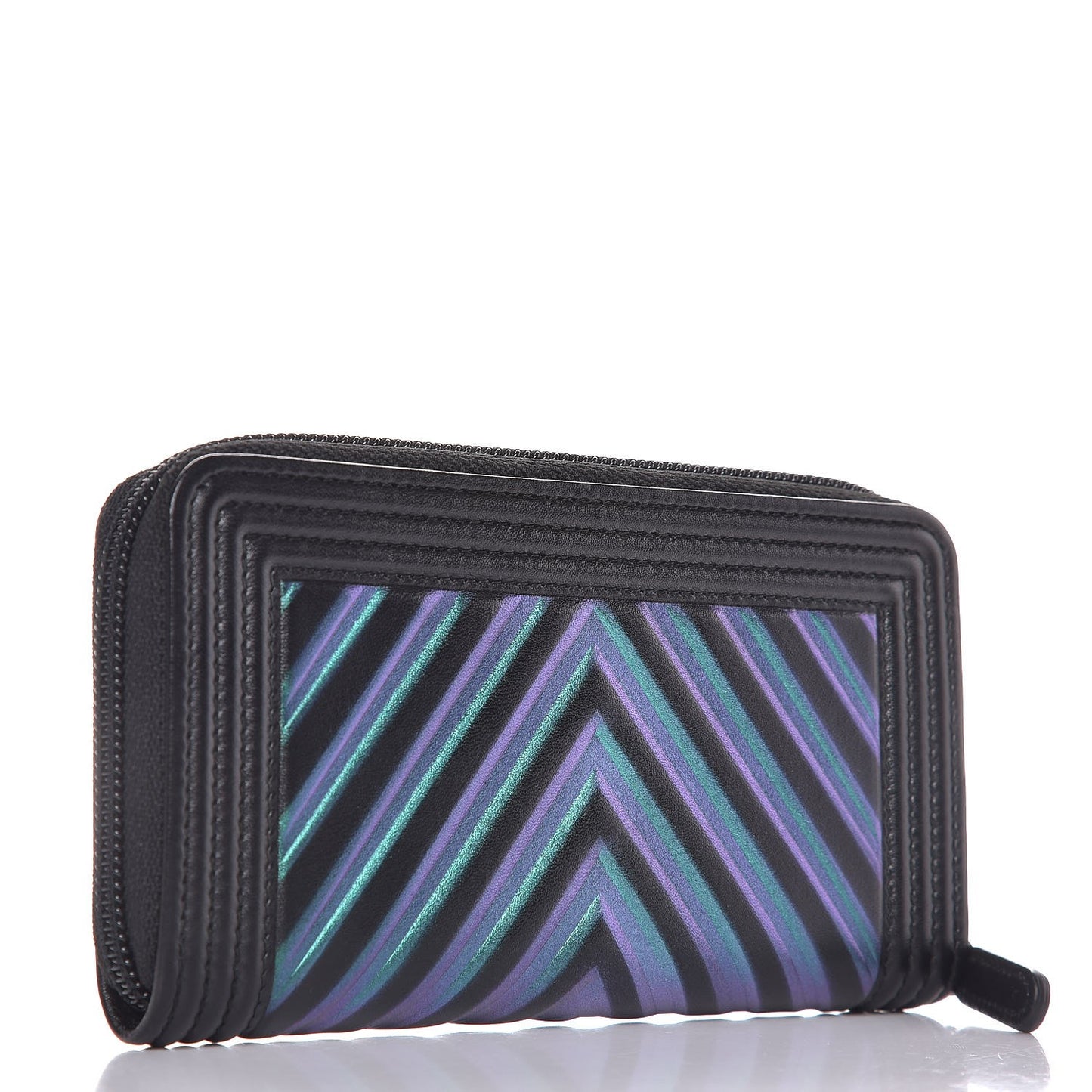 Calfskin Painted Chevron Embossed Small Boy Zip Wallet Black