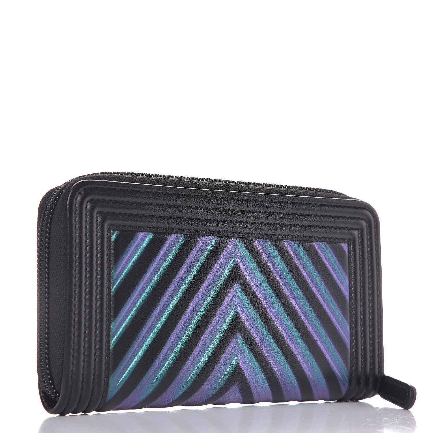 Chanel Calfskin Painted Chevron Embossed Small Boy Zip Wallet Black 3 of 9