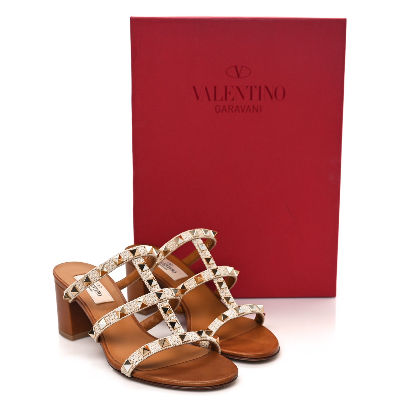 Raffia Calfskin Rockstud 60mm Caged Slide Sandals 36 Naturale