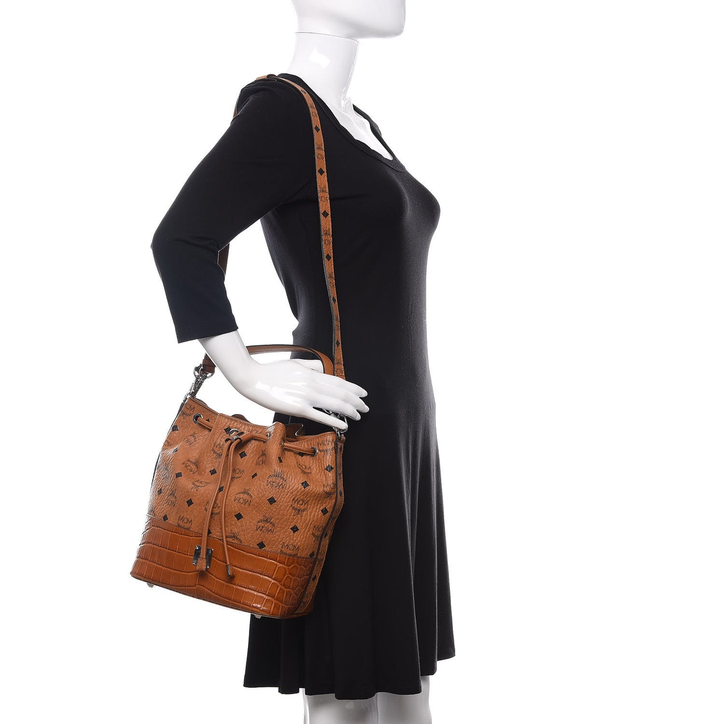 Visetos Crocodile Embossed Geonautic Bucket Bag Cognac