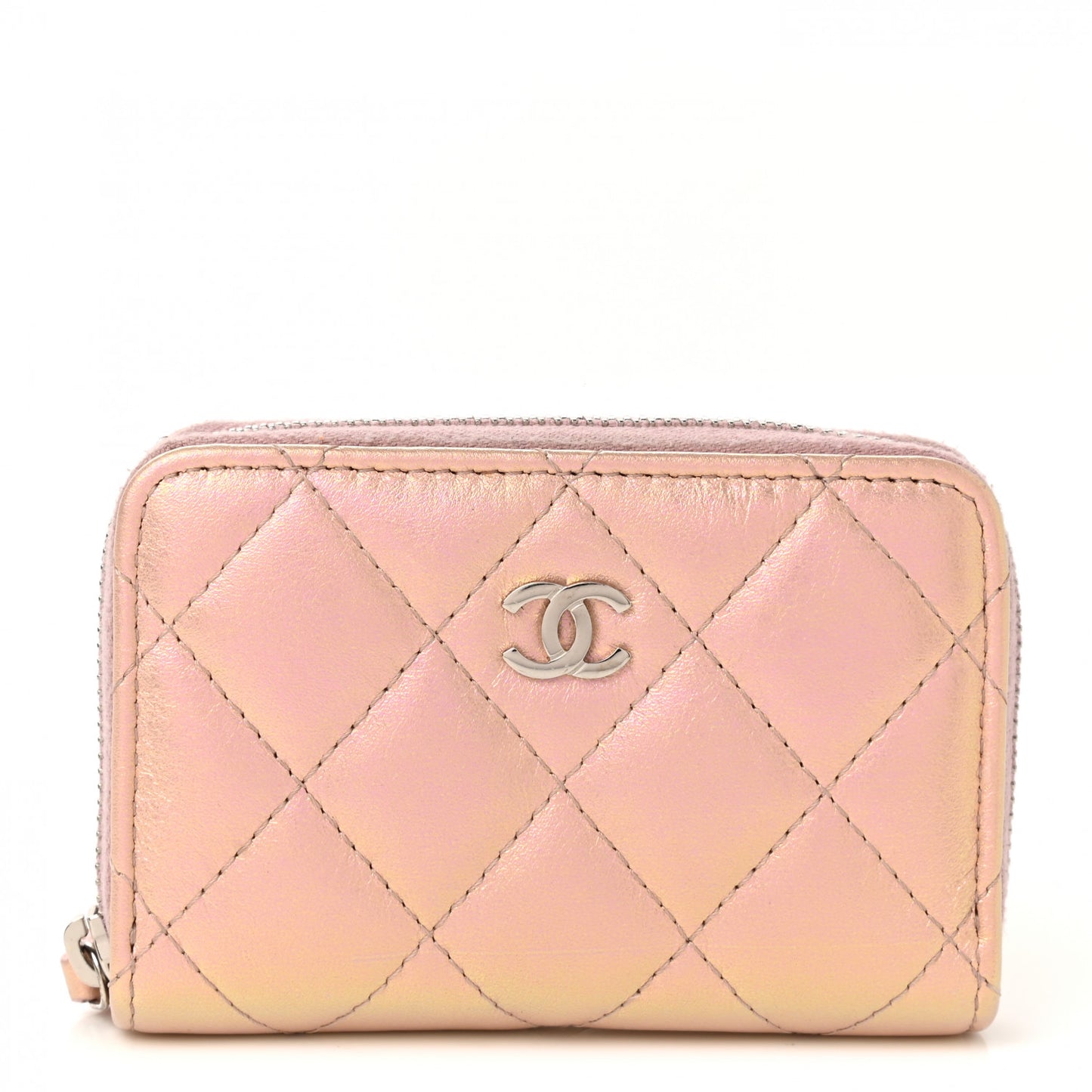 Iridescent Calfskin Quilted Zip Coin Purse Wallet Pink