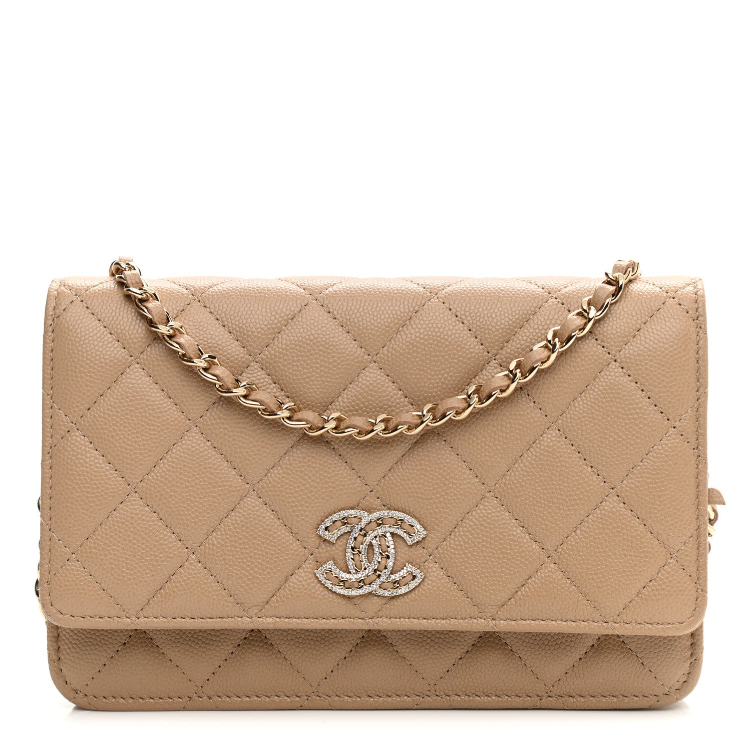 Chanel Caviar Quilted Crystal CC Wallet On Chain WOC Beige 1 of 10