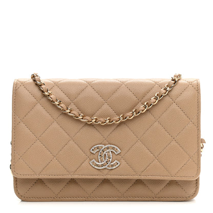 Chanel Caviar Quilted Crystal CC Wallet On Chain WOC Beige 1 of 10