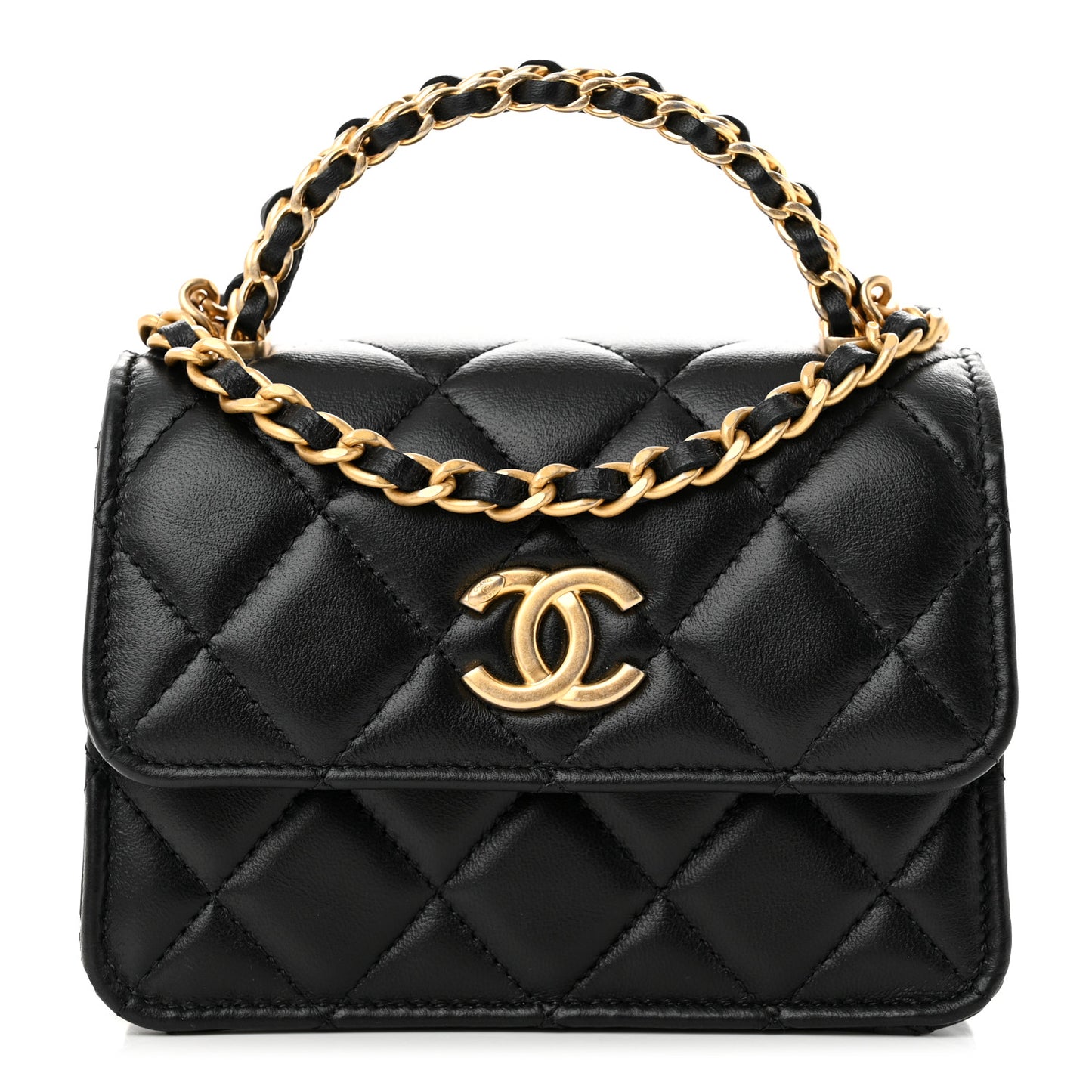Lambskin Quilted Chain Top Handle Clutch With Chain Black