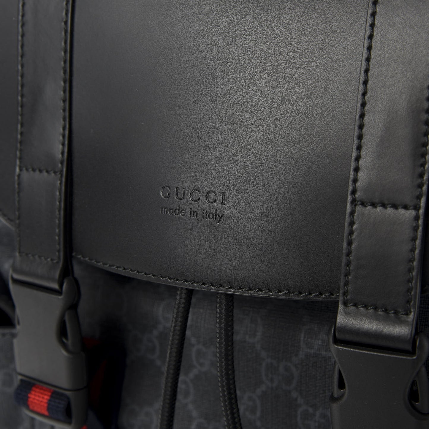 Soft GG Supreme Monogram Appia Calfskin Web Double Buckle Backpack Black