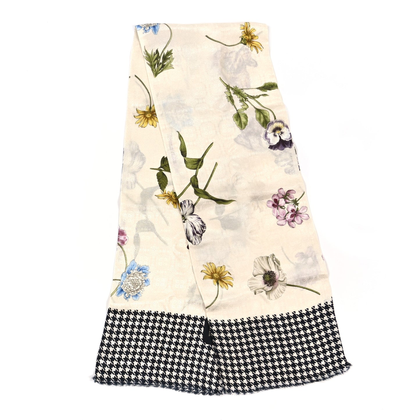 Silk Twill Flora Houndstooth Scarf Ivory Black Multicolor