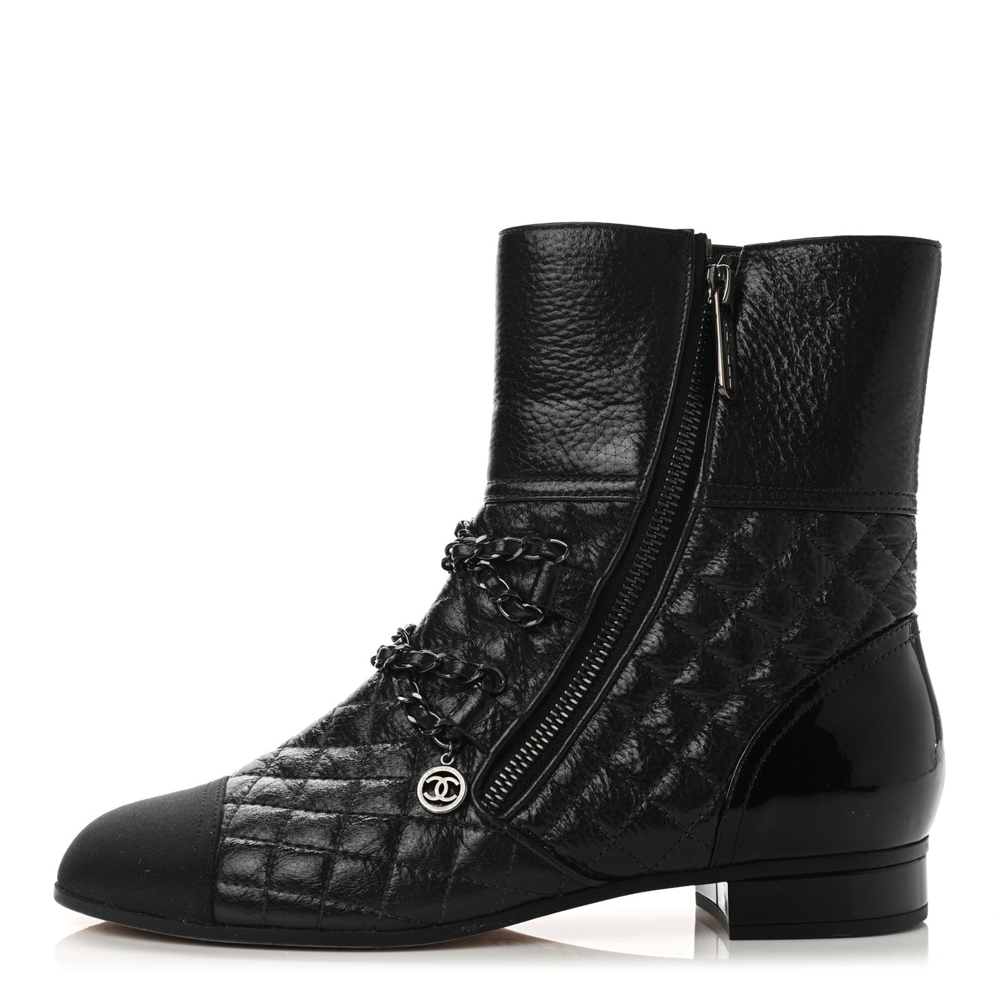 Glazed Deerskin Grosgrain Quilted Cap Toe Chain Boots 38 Grey Black