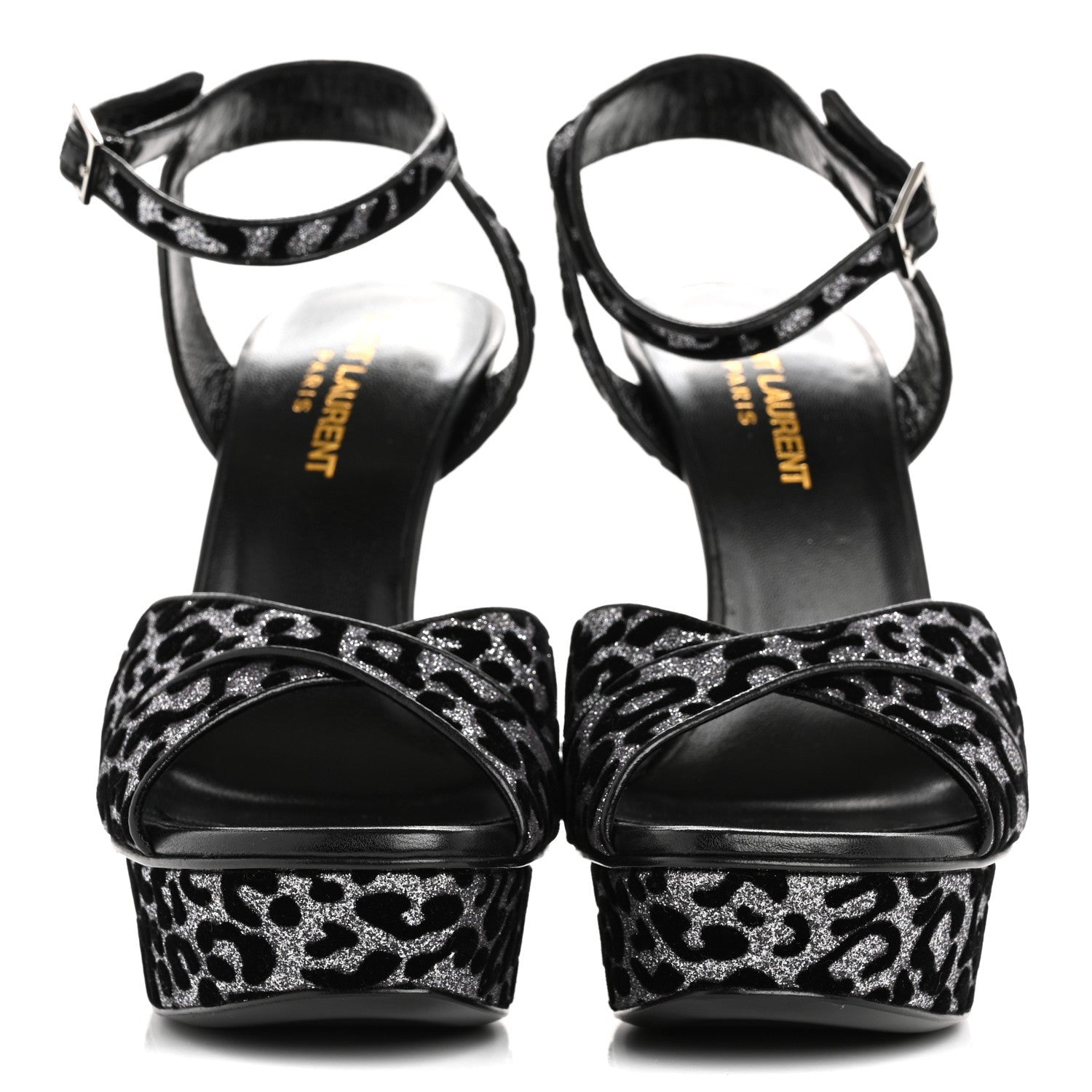 Saint Laurent Velvet Glitter Leopard Print Platform Sandals 37 Argento Black 3 of 7