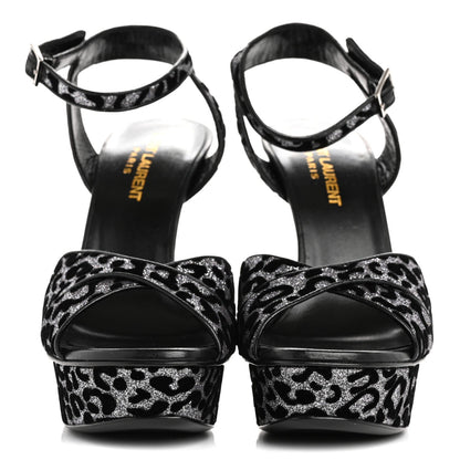 Saint Laurent Velvet Glitter Leopard Print Platform Sandals 37 Argento Black 3 of 7