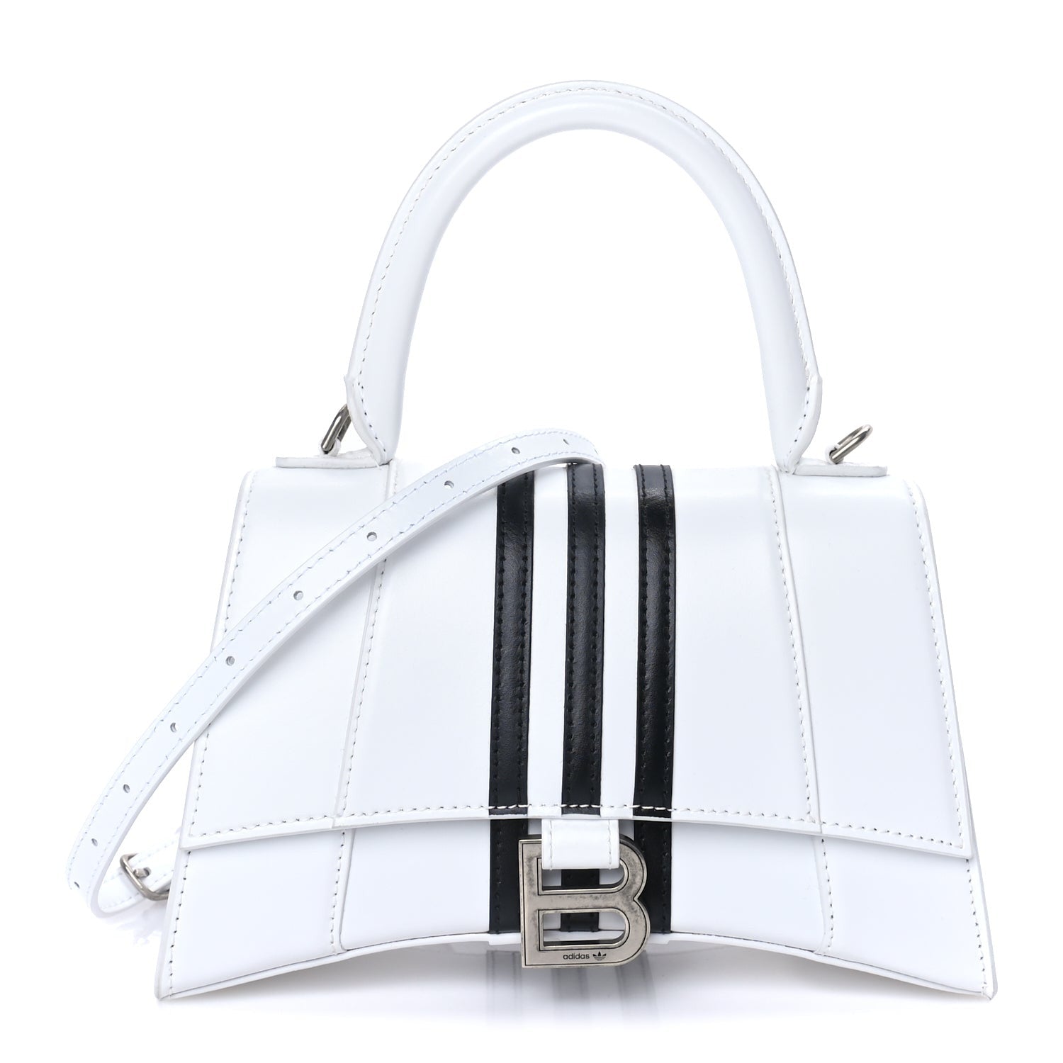 Balenciaga X ADIDAS Shiny Box Calfskin Small Hourglass Top Handle Bag  Off White Black 1 of 7