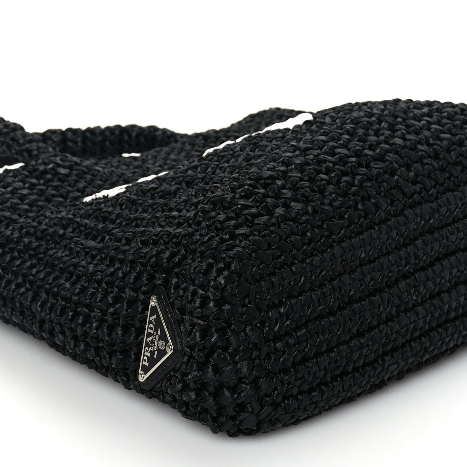Prada Yarn Raffia Effect Crochet Small Logo Tote Black 7 of 8