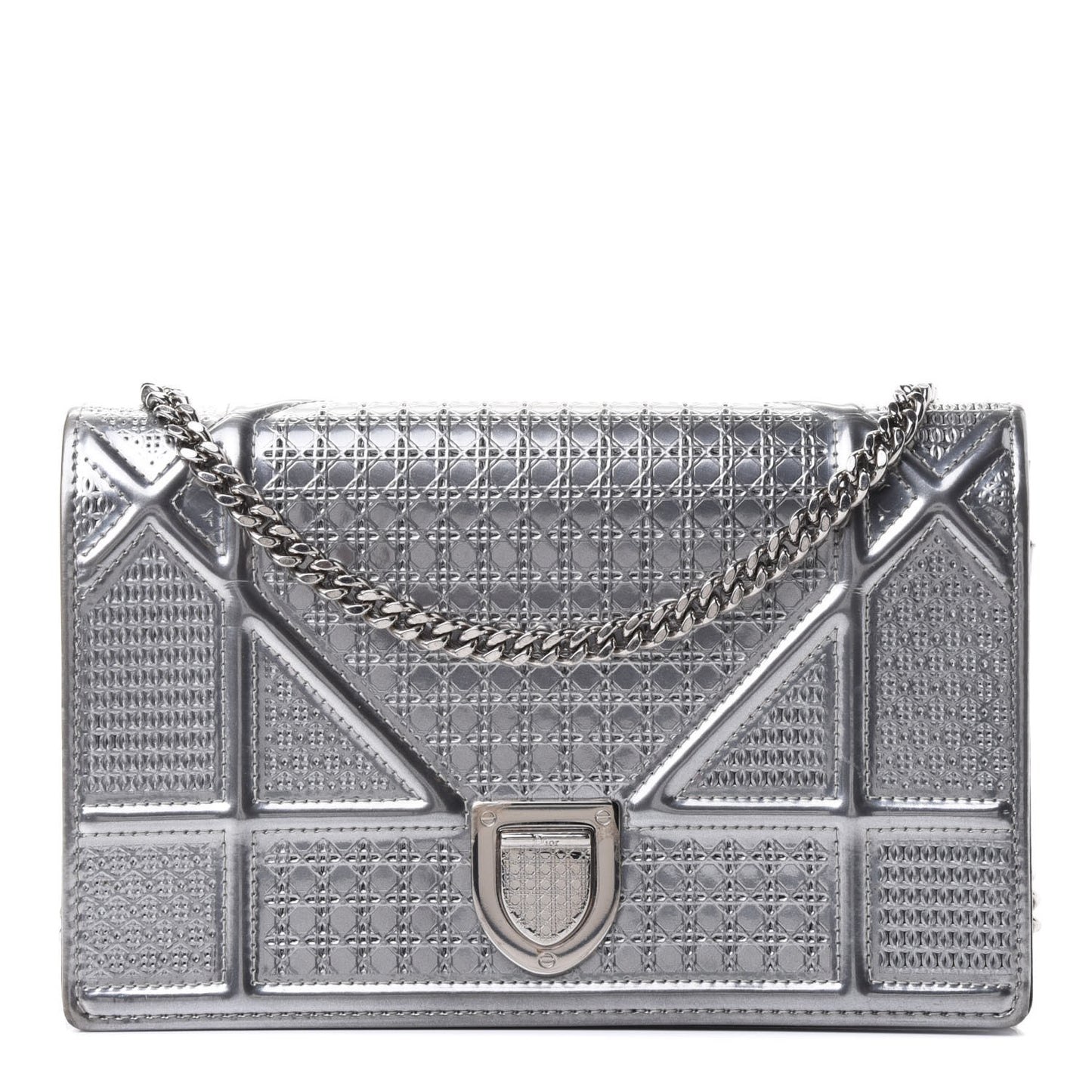 Metallic Patent Micro-Cannage Diorama Wallet on Chain Pouch Silver