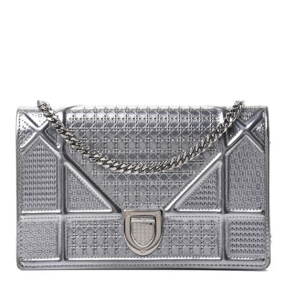 Christian Dior Metallic Patent Micro-Cannage Diorama Wallet on Chain Pouch Silver 1 of 4