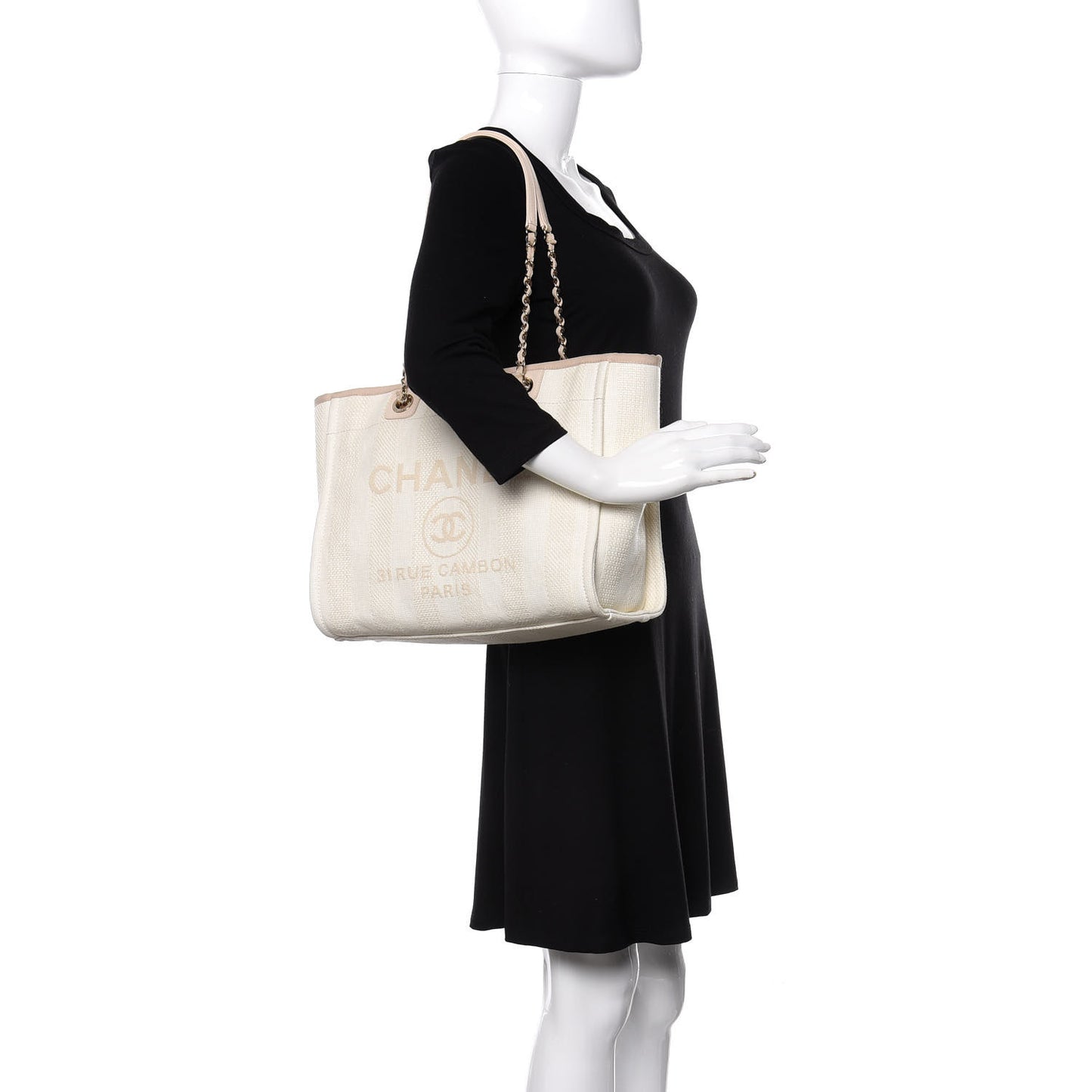 Straw Raffia Calfskin Striped Small Deauville Tote Beige