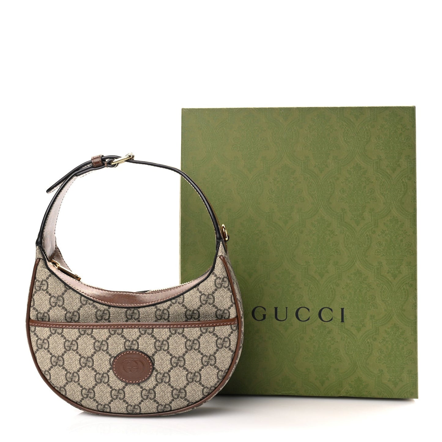 GG Supreme Monogram Azalea Calfskin Mini Retro Interlocking G Half Moon Bag Beige Ebony Brown Sugar