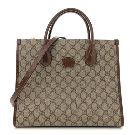 GG Supreme Monogram Azalea Calfskin Small Retro Interlocking G Tote Bag Beige Ebony Brown Sugar