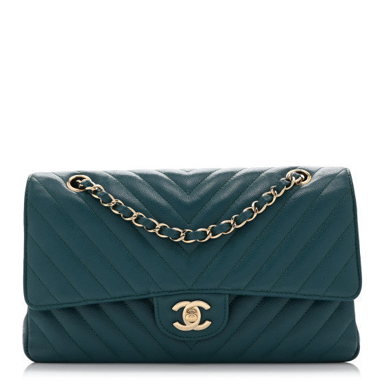 Caviar Chevron Quilted Medium Double Flap Green