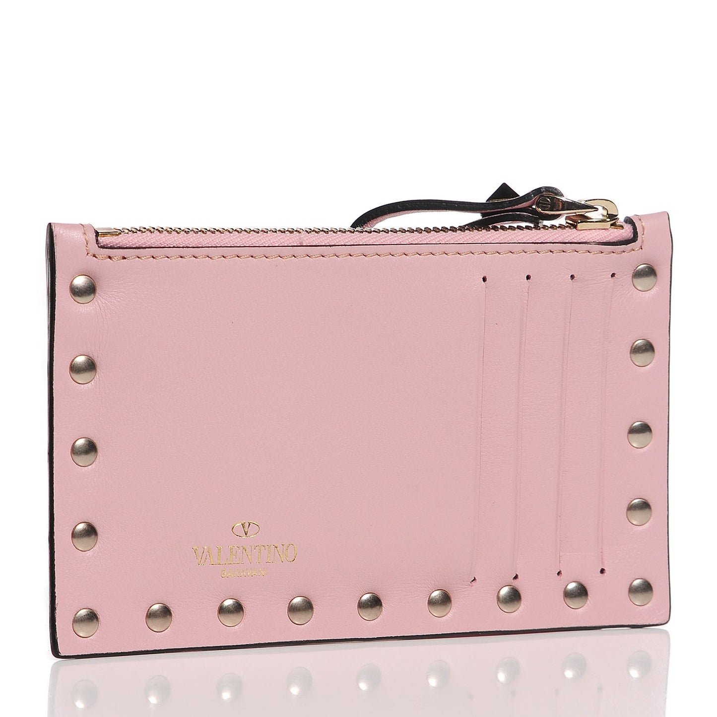 Calfskin Rockstud Coin Case Card Holder Water Rose