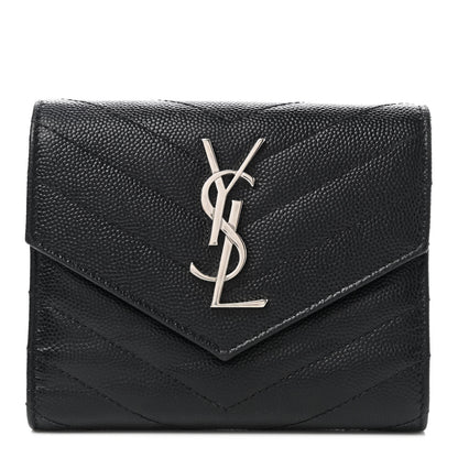 Saint Laurent Grain De Poudre Matelasse Chevron Monogram Compact Tri Fold Wallet Black 1 of 6