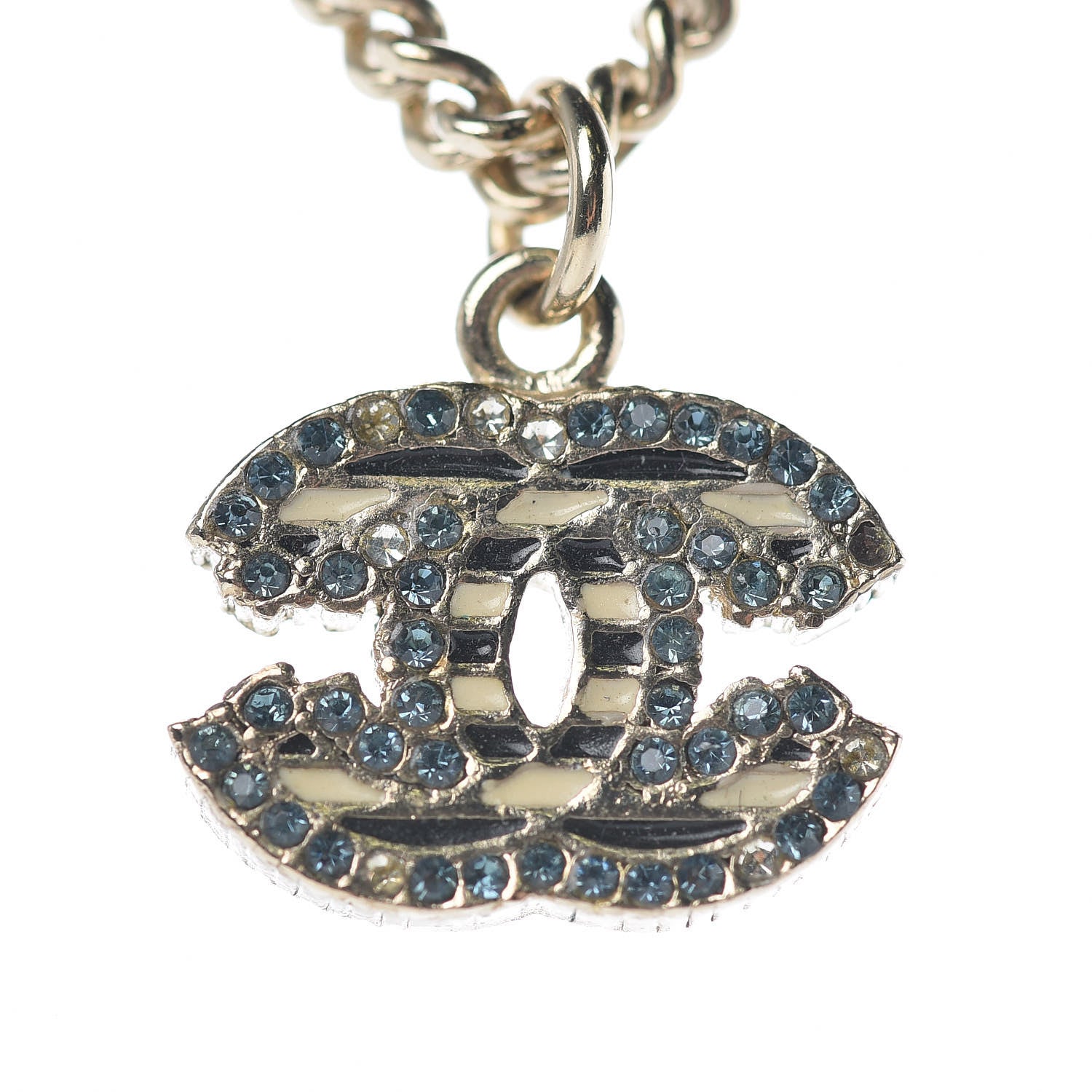 Chanel Crystal Enamel Striped CC Necklace Blue Gold 6 of 6