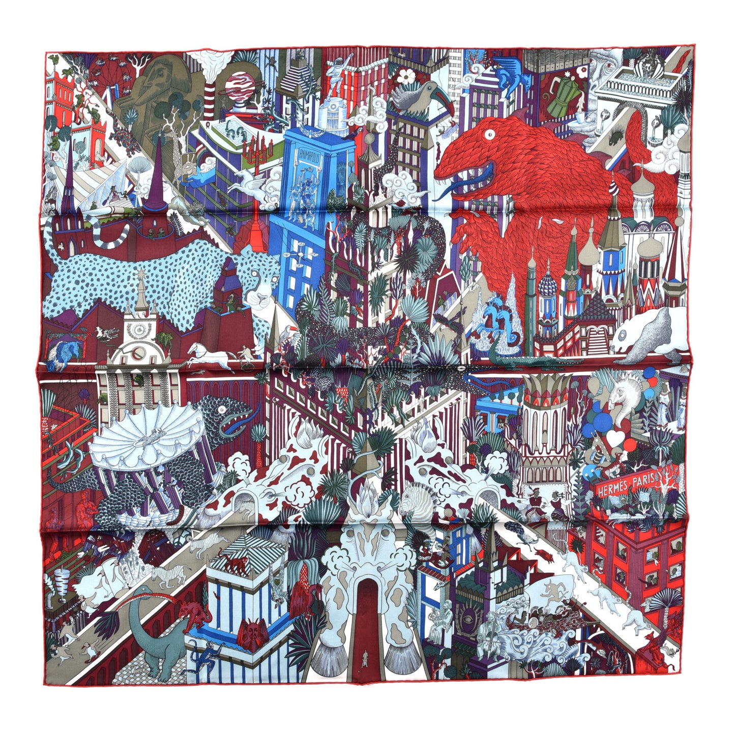 Silk Animapolis Scarf 90 Bordeaux Bleu Rouge