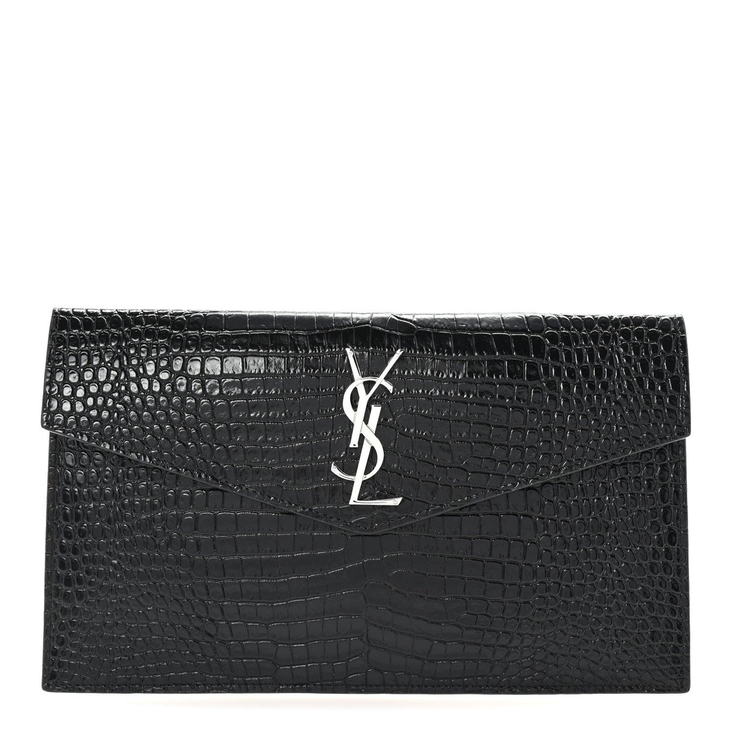 Calfskin Crocodile Embossed Uptown Monogram Clutch Black