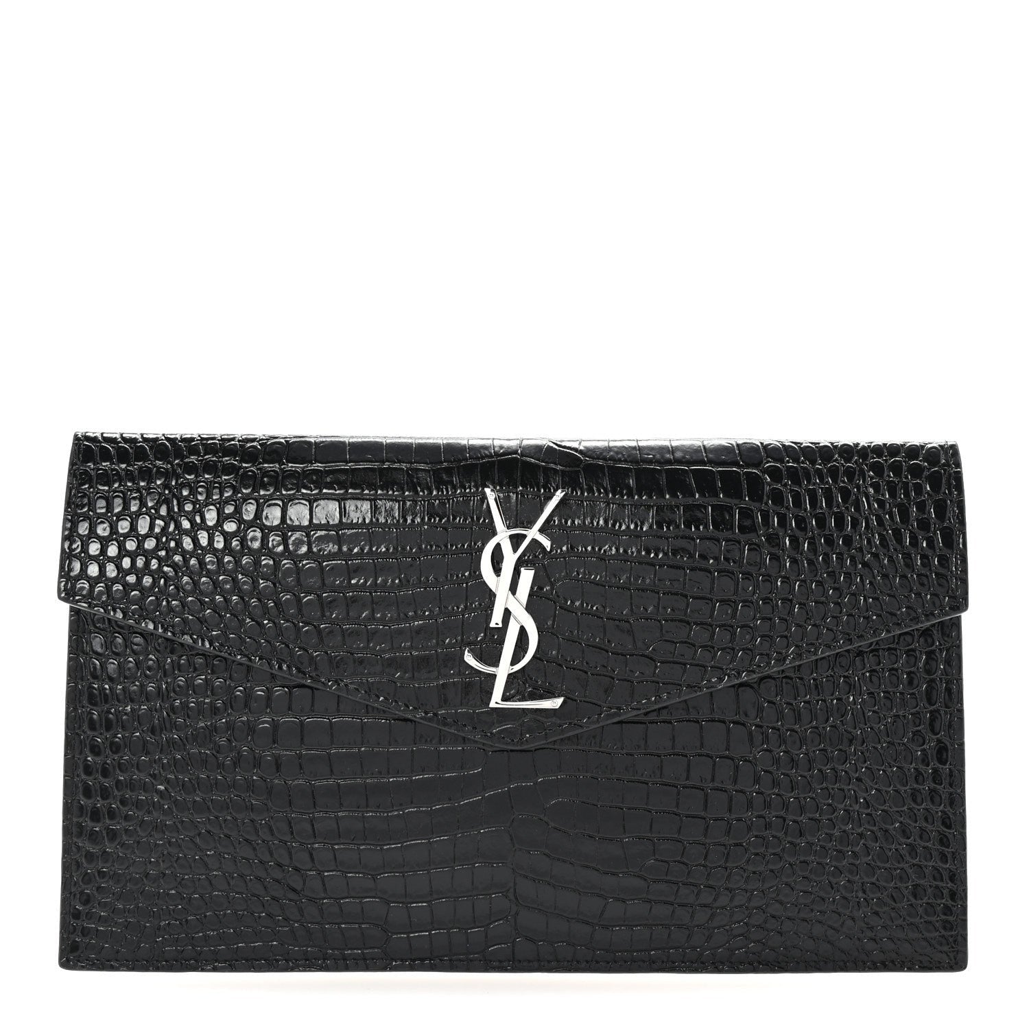 Saint Laurent Calfskin Crocodile Embossed Uptown Monogram Clutch Black 1 of 7
