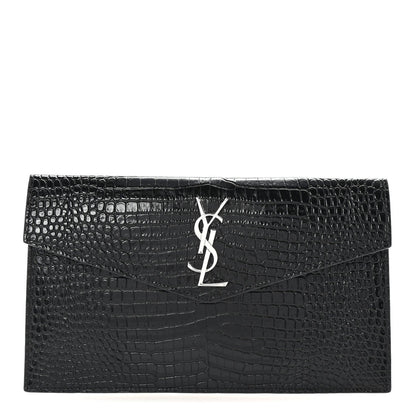 Saint Laurent Calfskin Crocodile Embossed Uptown Monogram Clutch Black 1 of 7