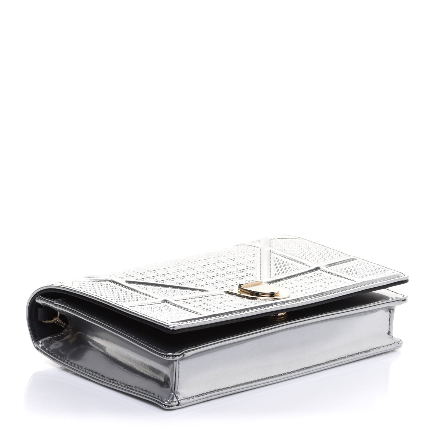 Metallic Patent Micro-Cannage Diorama Wallet on Chain Pouch Silver