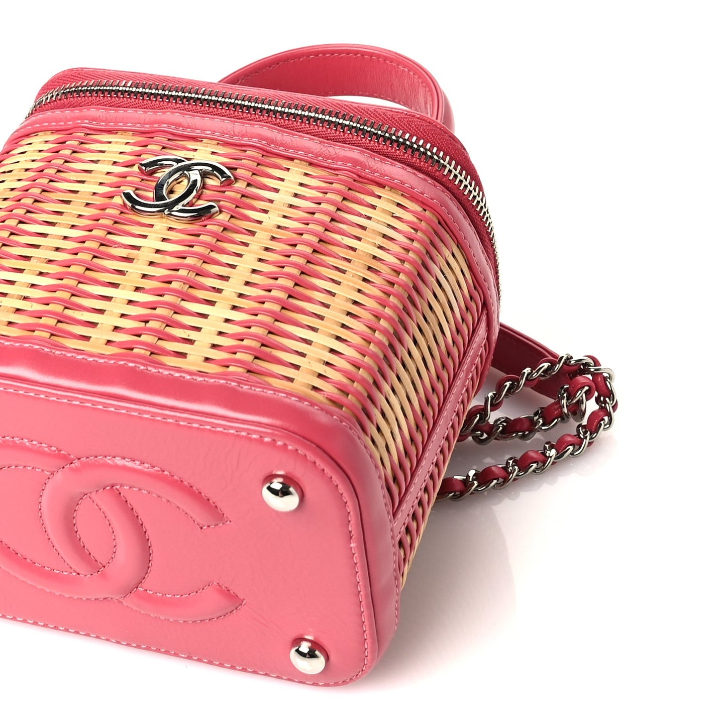 Calfskin Raffia Small Take Away Vanity Case Bag  Pink Beige