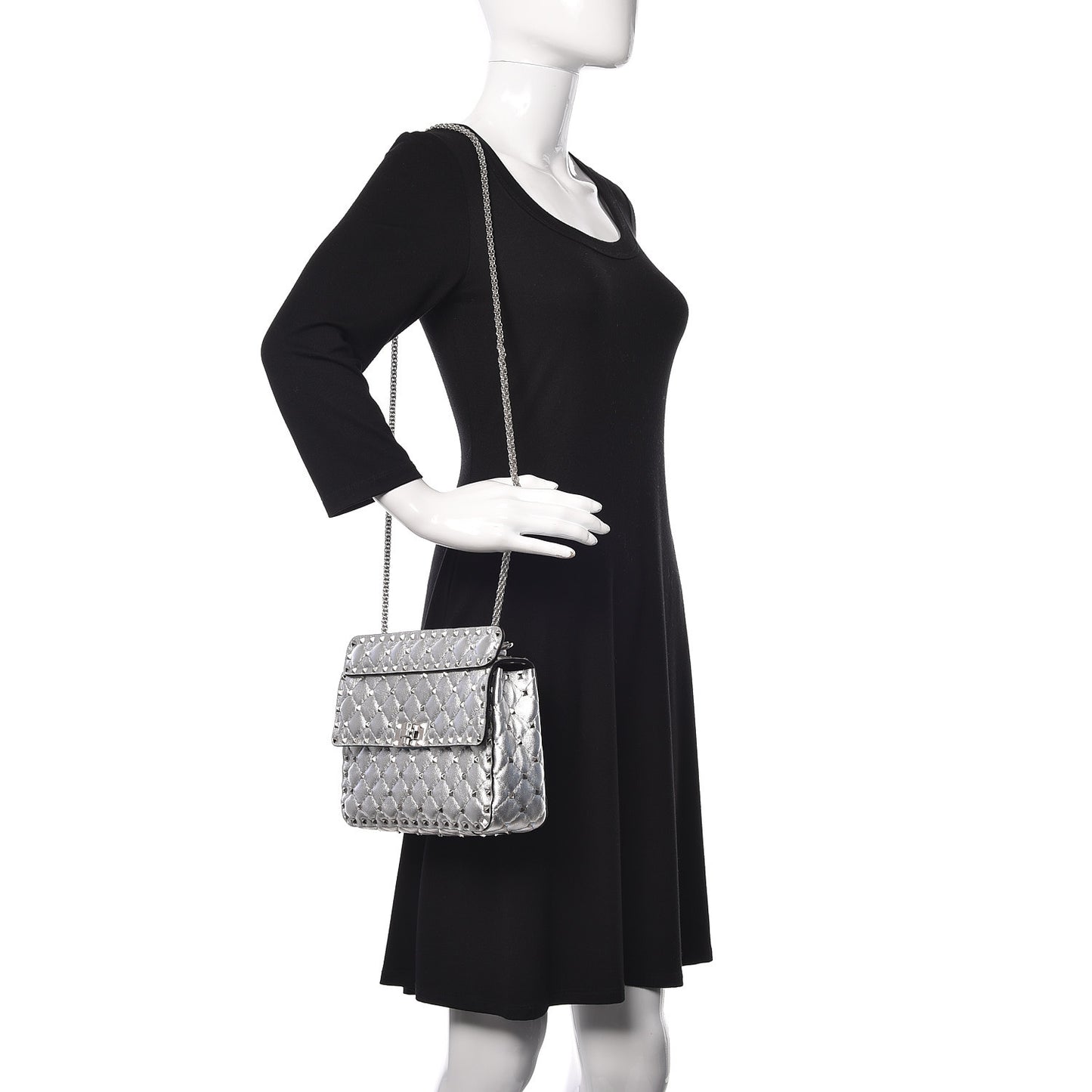 Metallic Nappa Medium Rockstud Spike Shoulder Bag Silver