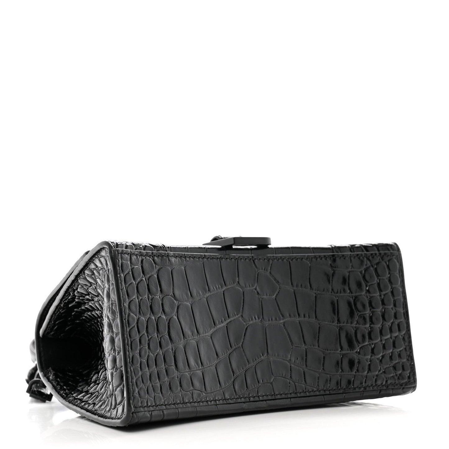 Shiny Calfskin Monochrome Crocodile Embossed Small Hourglass Top Handle Bag Black