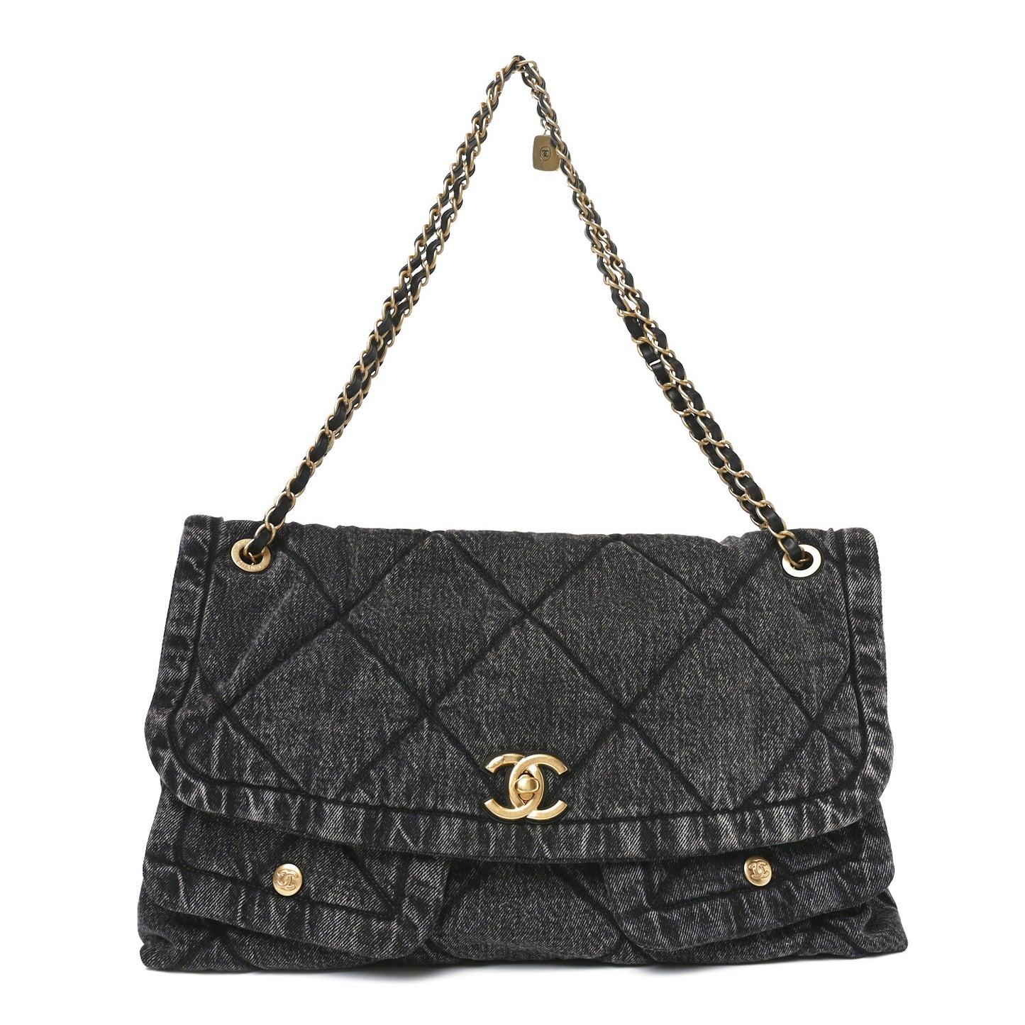 Washed Denim Quilted Maxi Flap Bag Black