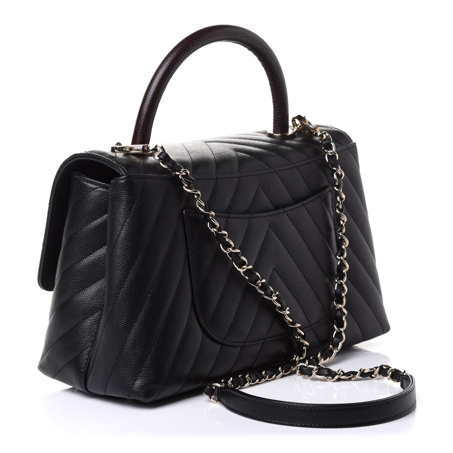 Caviar Lizard Embossed Chevron Quilted Medium Coco Handle Flap Black