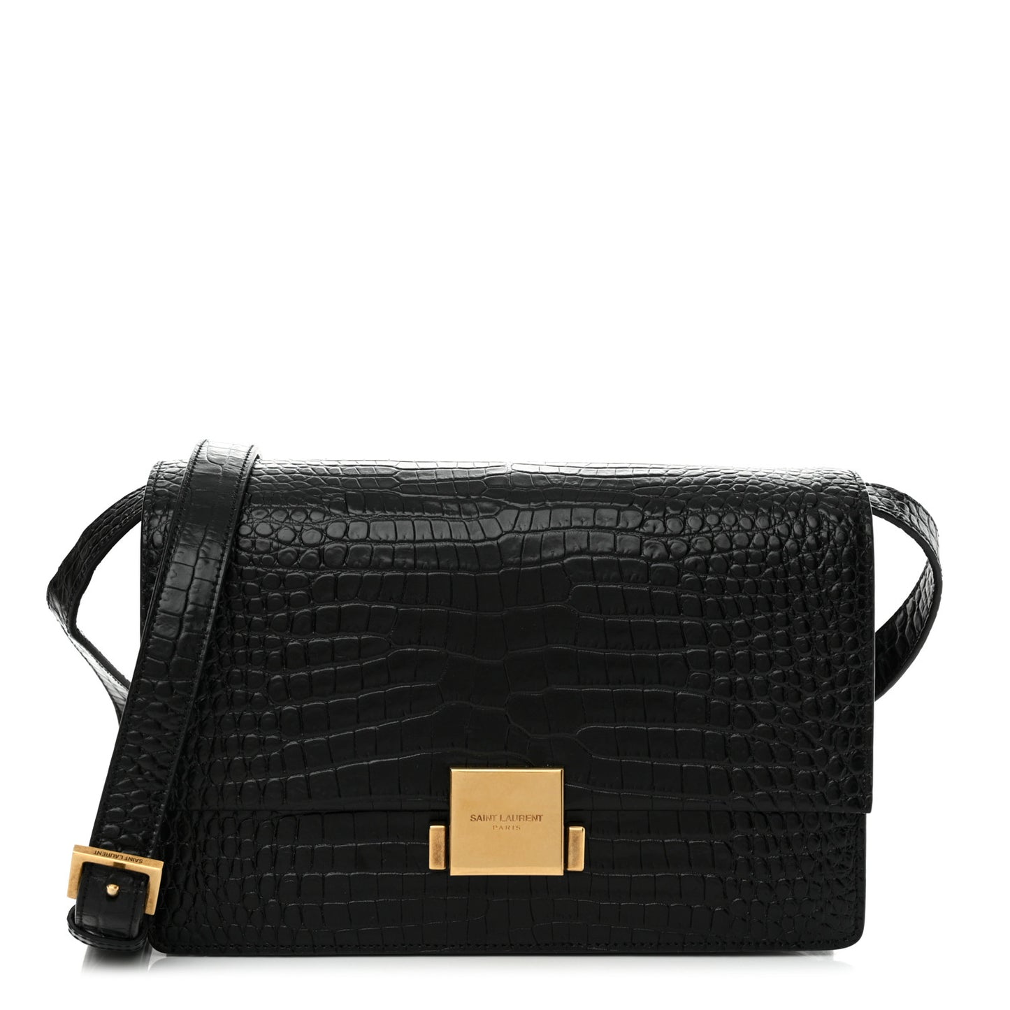 Calfskin Crocodile Embossed Medium Bellechasse Satchel Black