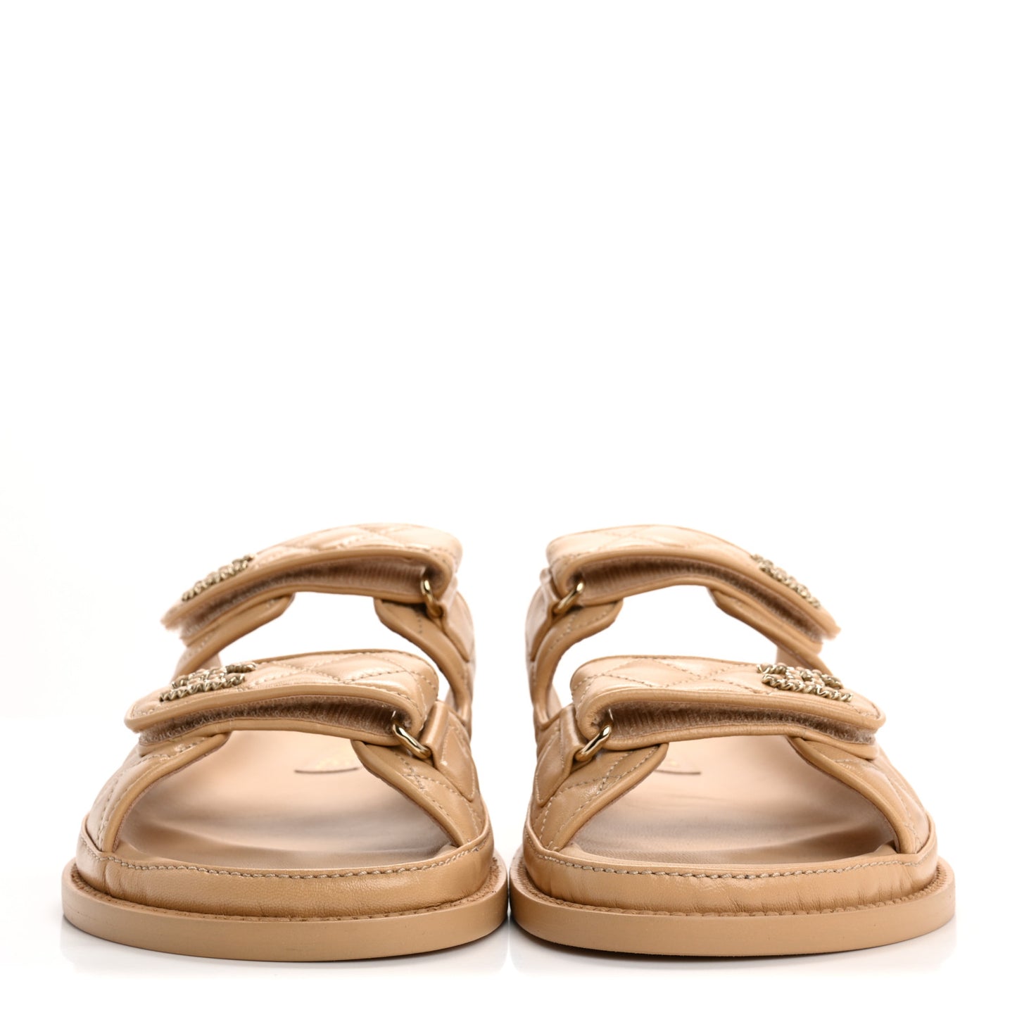 Lambskin Quilted Velcro Dad Chain CC Slide Sandals 39 Beige