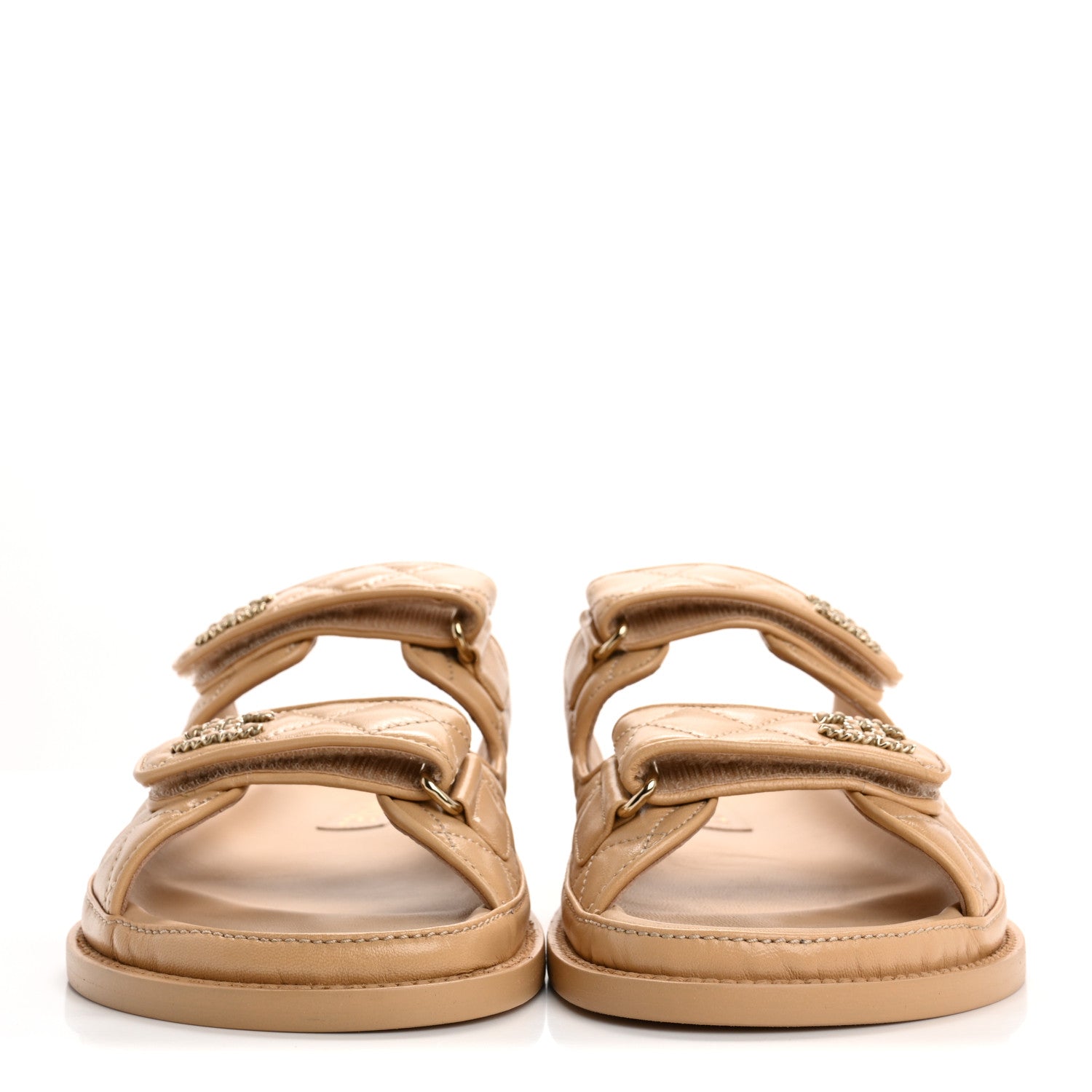 Chanel Lambskin Quilted Velcro Dad Chain CC Slide Sandals 39 Beige 3 of 10