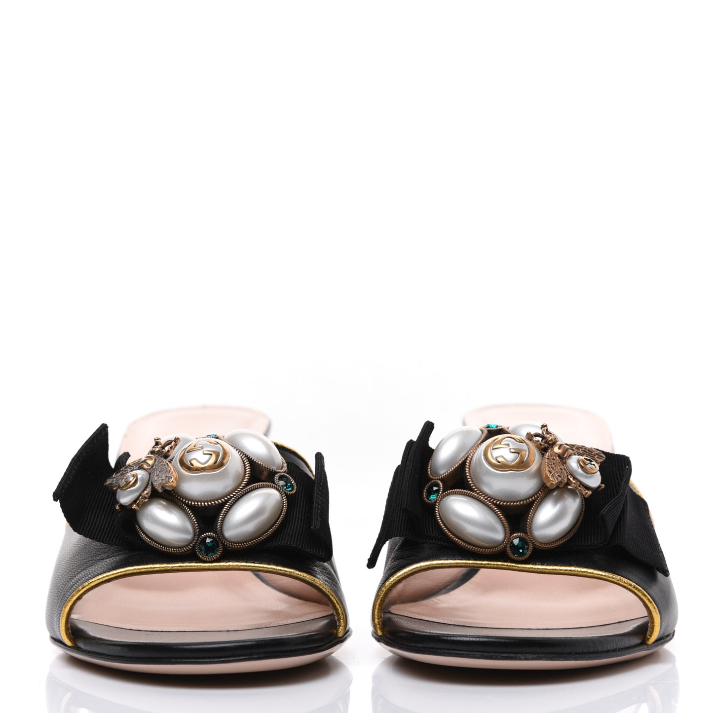 Nappa Silk Pearl Bee Embellished Mid Heel Slide Sandals 38.5 Black