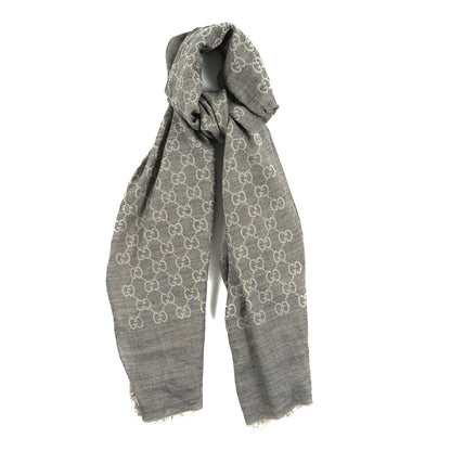 Gucci Wool Silk GG Monogram Fringe Scarf Shawl Grey 1 of 3
