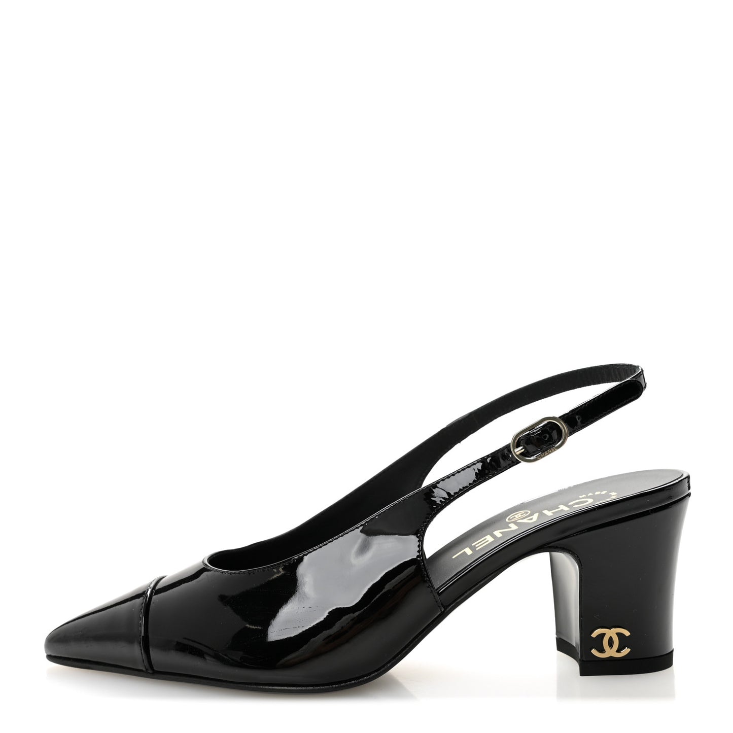 Patent Calfskin Cap Toe CC Slingback Pumps 36.5 Black