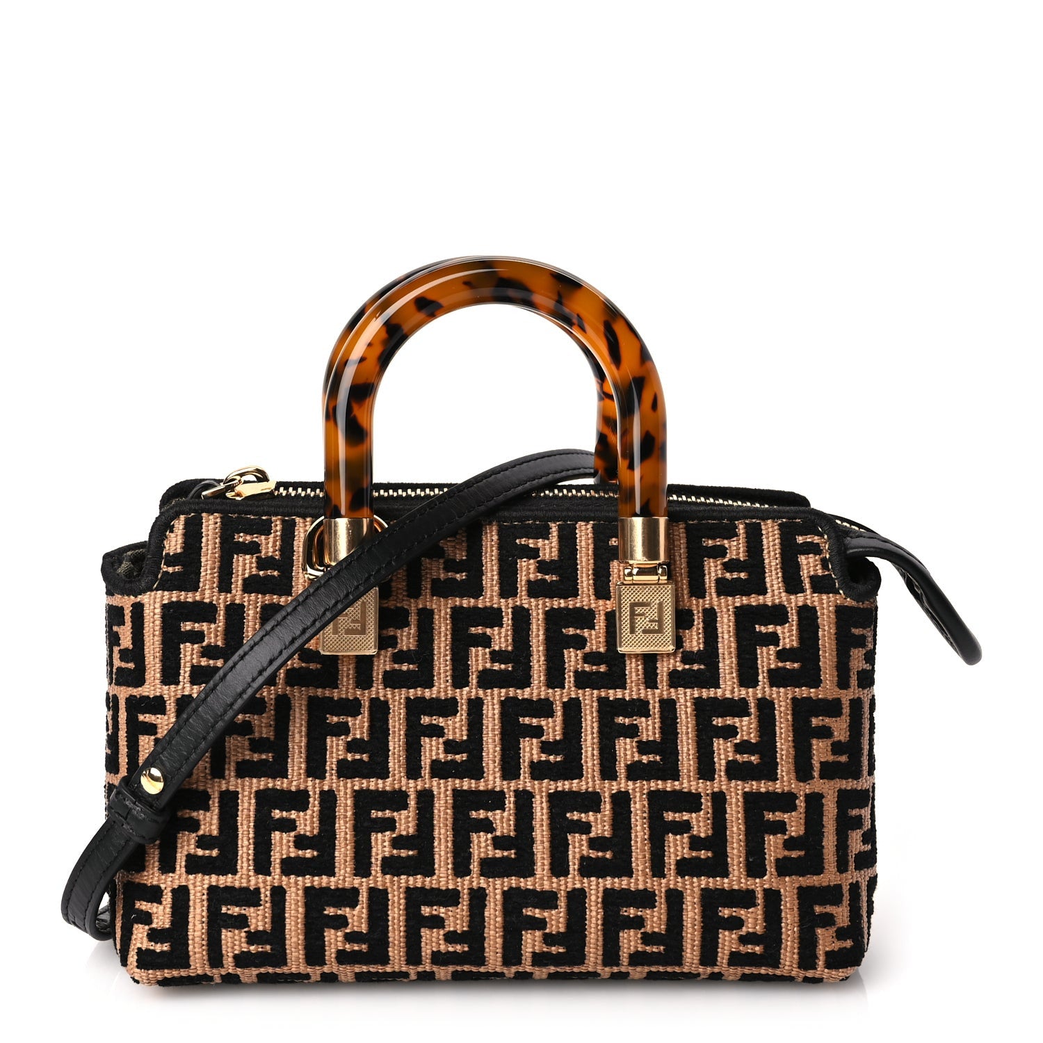 Fendi Raffia Chenille Vitello King Plexiglass Micro FF Mini By The Way Top Handle Boston Bag Naturale Black 1 of 8
