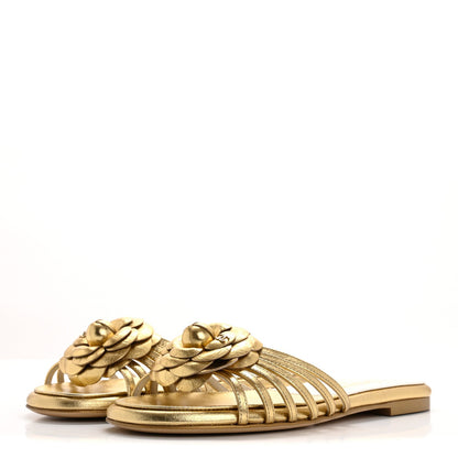 Chanel Laminated Lambskin Camellia CC Slide Sandals 36 Gold 4 of 7